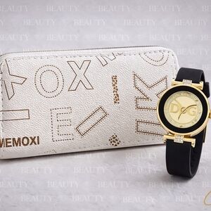 White and Gold Wallet with Black and Gold Watch